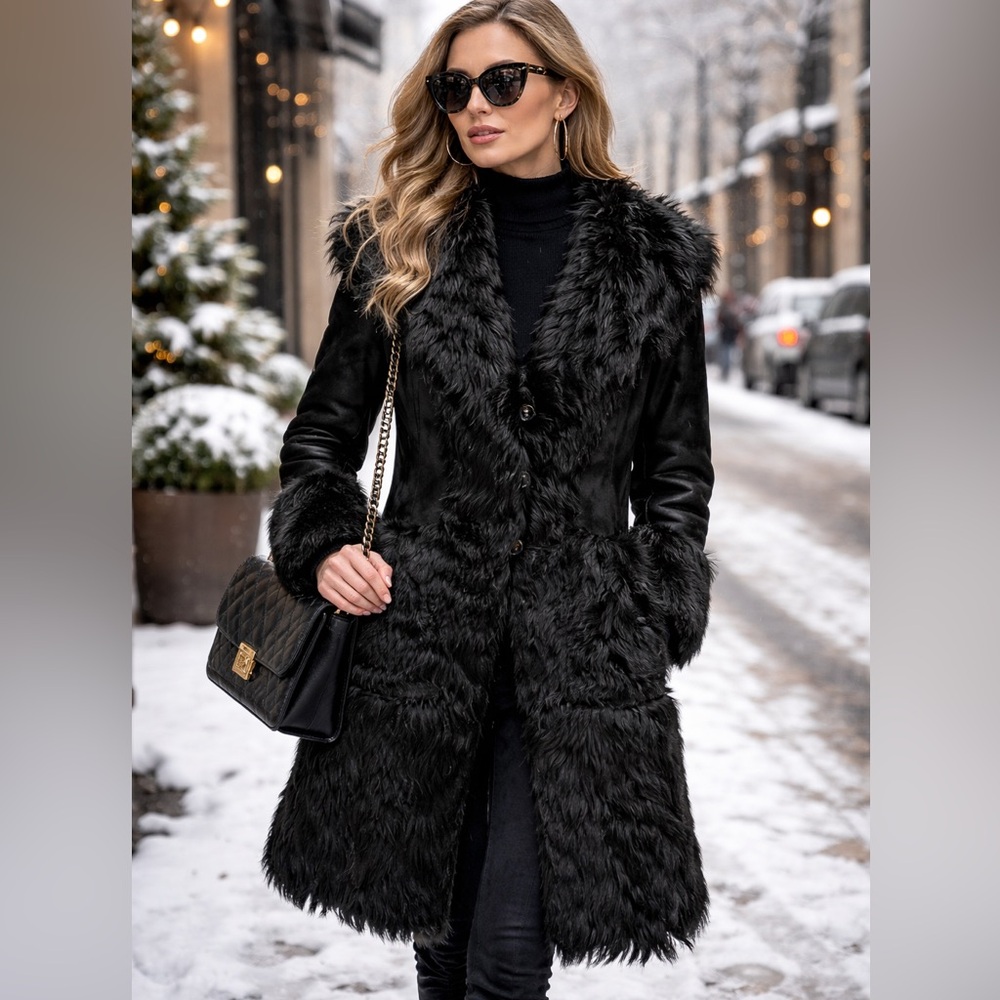 Black Fur Leather Chic Layering Coat M/L NWT High End Designer Statement Luxury - Picture 3 of 14